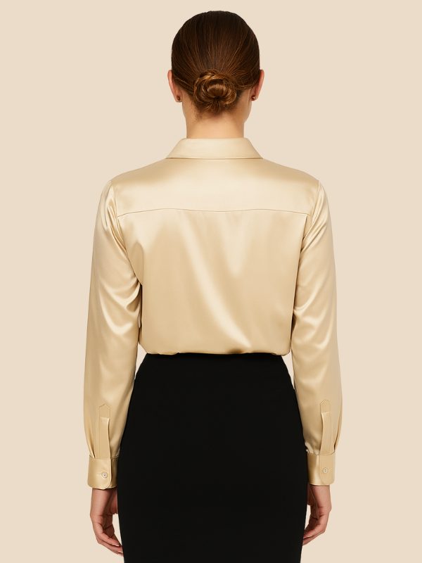 Women's Satin Button-Down Shirt with Pointed Collar and Long Cuffs - Maisie London