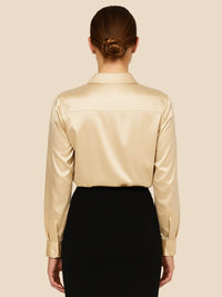 Women's Satin Button-Down Shirt with Pointed Collar and Long Cuffs - Maisie London