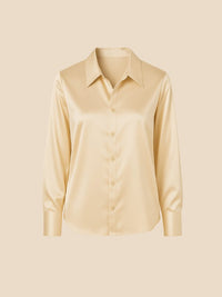 Women's Satin Button-Down Shirt with Pointed Collar and Long Cuffs - Maisie London