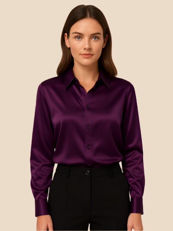 Women's Satin Button-Down Shirt with Pointed Collar and Long Cuffs - Maisie London