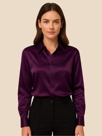 Women's Satin Button-Down Shirt with Pointed Collar and Long Cuffs - Maisie London