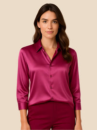 Women's Satin Button-Down Shirt with Pointed Collar and Long Cuffs - Maisie London