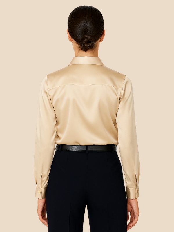 Women's Satin Button-Down Shirt with Pointed Collar and Long Cuffs - Maisie London