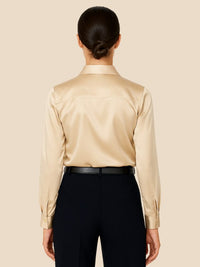 Women's Satin Button-Down Shirt with Pointed Collar and Long Cuffs - Maisie London