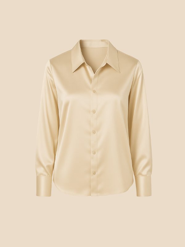 Women's Satin Button-Down Shirt with Pointed Collar and Long Cuffs - Maisie London