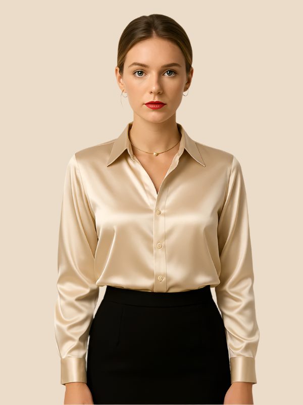 Women's Satin Button-Down Shirt with Pointed Collar and Long Cuffs - Maisie London