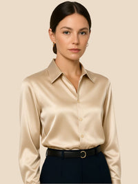 Women's Satin Button-Down Shirt with Pointed Collar and Long Cuffs - Maisie London