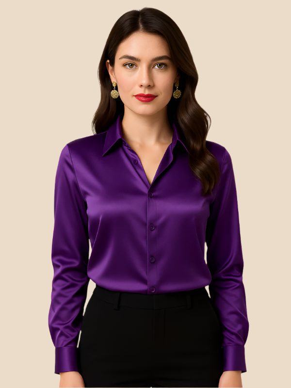 Women's Satin Button-Down Shirt with Pointed Collar and Long Cuffs - Maisie London
