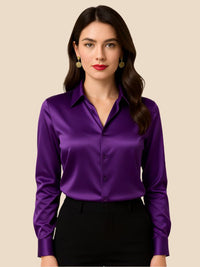Women's Satin Button-Down Shirt with Pointed Collar and Long Cuffs - Maisie London