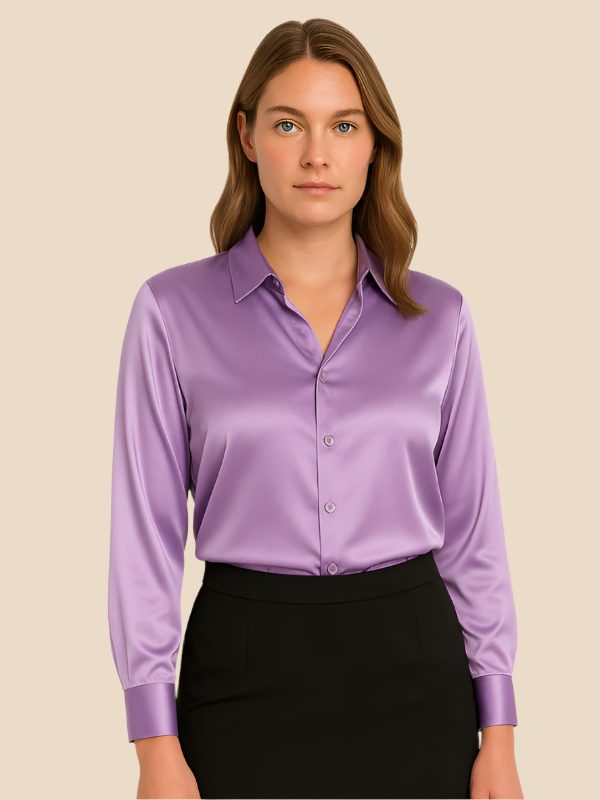 Women's Satin Button-Down Shirt with Pointed Collar and Long Cuffs - Maisie London