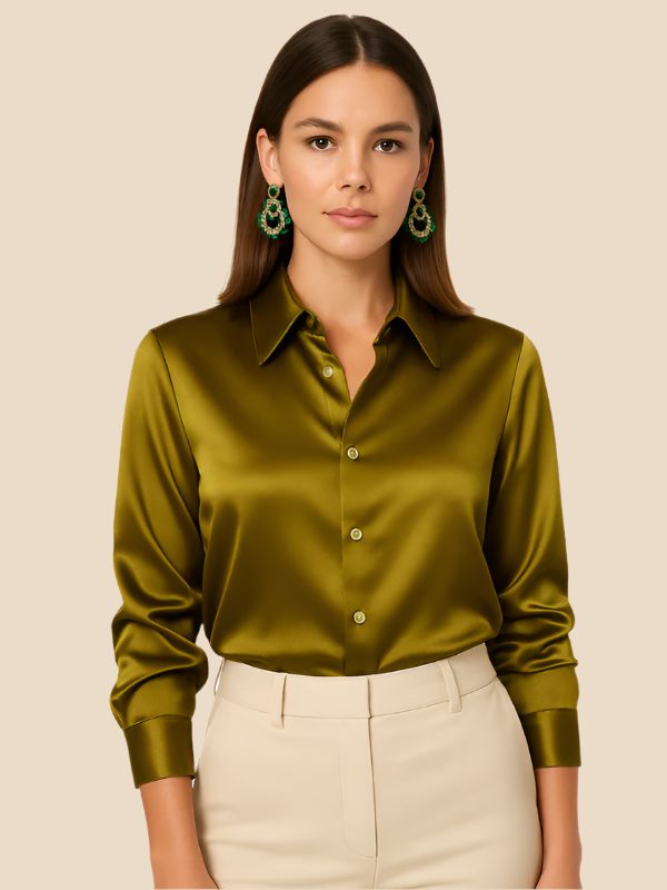 Women's Satin Button-Down Shirt with Pointed Collar and Long Cuffs - Maisie London