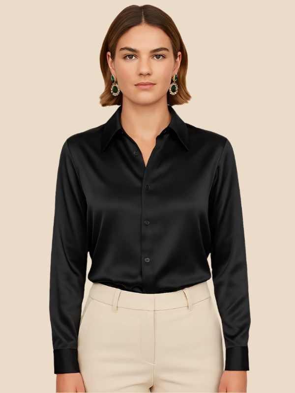 Women's Satin Button-Down Shirt with Pointed Collar and Long Cuffs - Maisie London