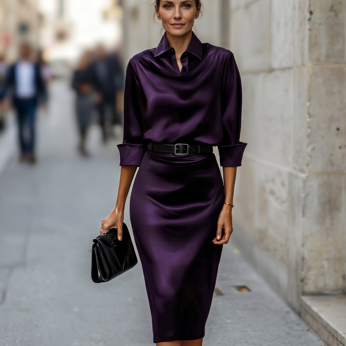 Women's Satin Cowl-Neck Midi Dress with Collar and Belted Waist - Maisie London