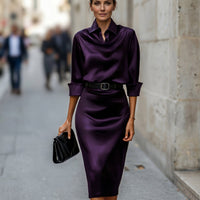 Women's Satin Cowl-Neck Midi Dress with Collar and Belted Waist - Maisie London
