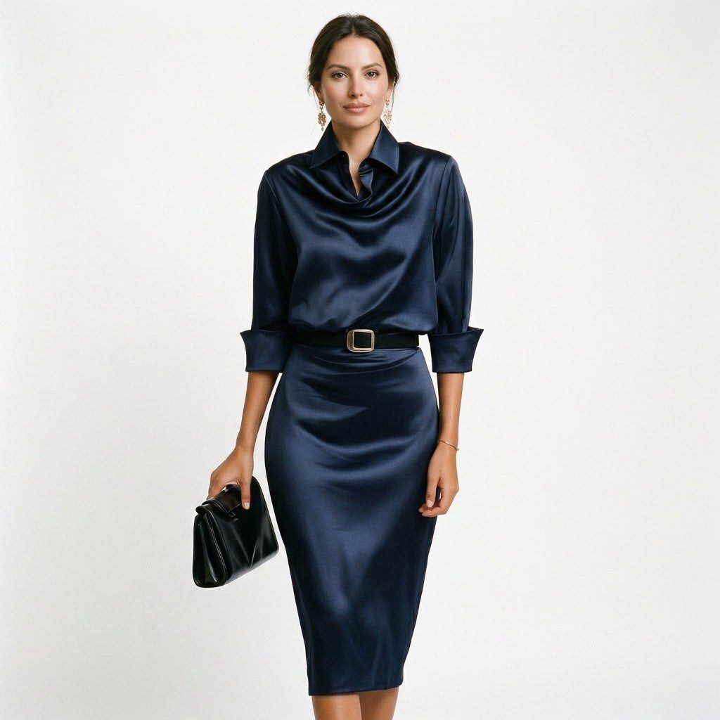 Women's Satin Cowl-Neck Midi Dress with Collar and Belted Waist - Maisie London