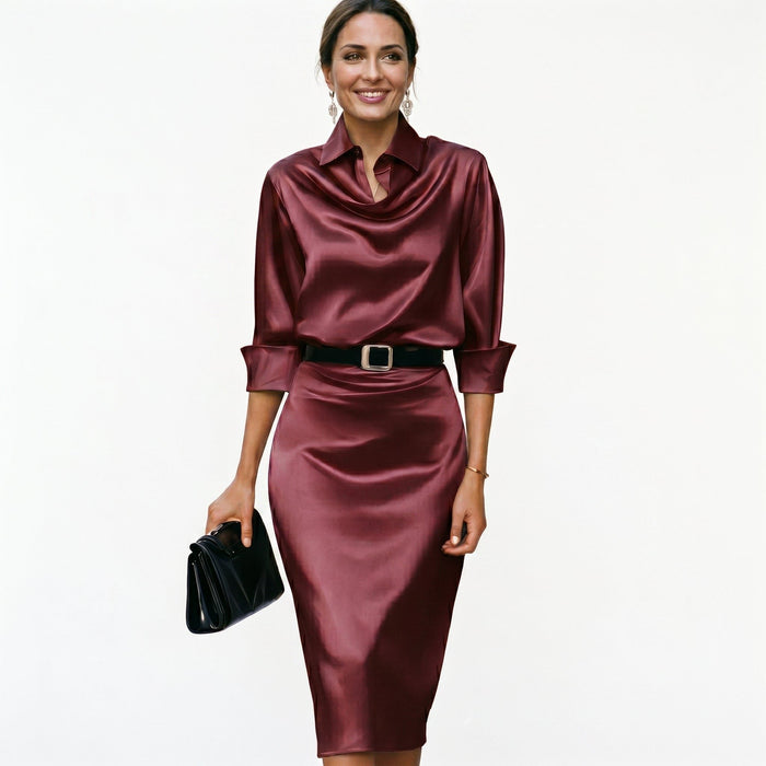 Women's Satin Cowl-Neck Midi Dress with Collar and Belted Waist - Maisie London