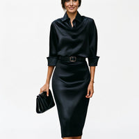 Women's Satin Cowl-Neck Midi Dress with Collar and Belted Waist - Maisie London