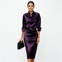 Women's Satin Cowl-Neck Midi Dress with Collar and Belted Waist - Maisie London