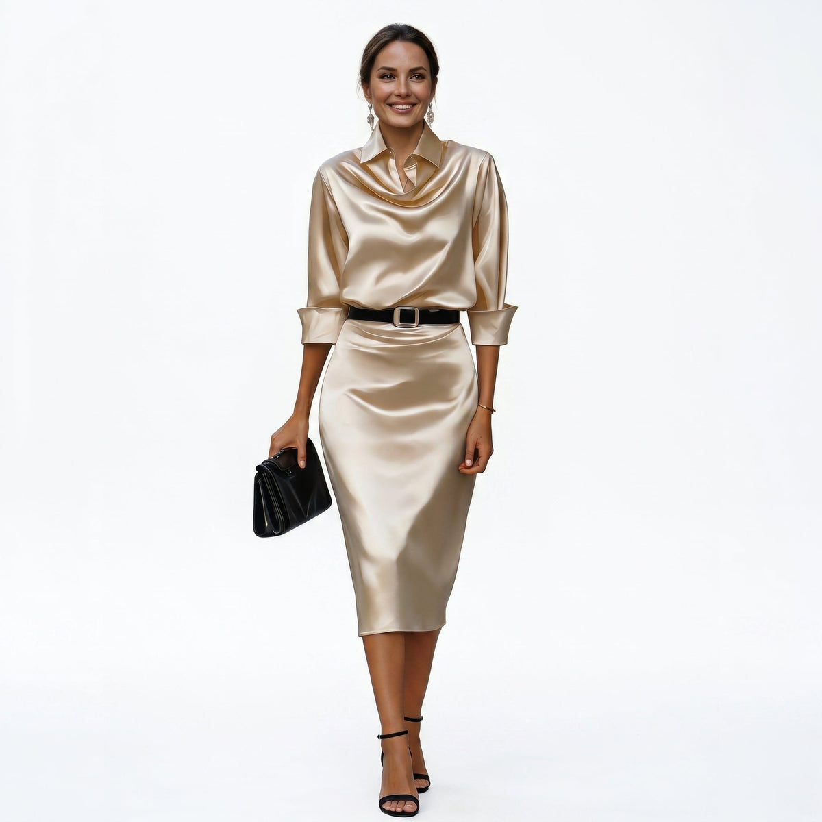 Women's Satin Cowl-Neck Midi Dress with Collar and Belted Waist - Maisie London