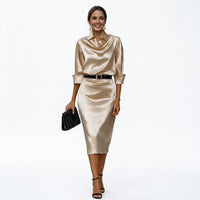 Women's Satin Cowl-Neck Midi Dress with Collar and Belted Waist - Maisie London