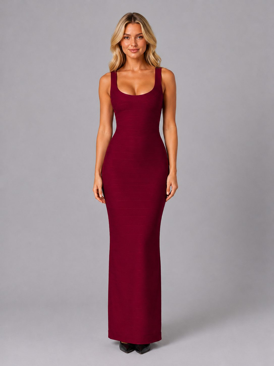 Women's Bandage Bodycon Maxi Dress with Scoop Neck and Low Back - Maisie London