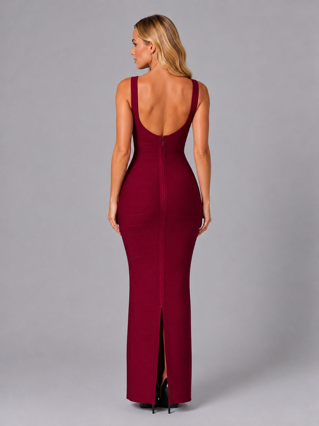 Women's Bandage Bodycon Maxi Dress with Scoop Neck and Low Back - Maisie London
