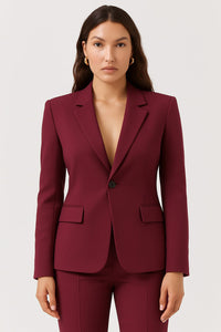Women's Wine Red Crepe Tailored Blazer with Single Button and Lapels - Maisie London