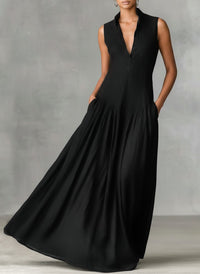 Women's Black Linen-Look Maxi Dress with Collar and V-Neck - Maisie London