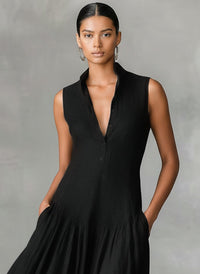 Women's Black Linen-Look Maxi Dress with Collar and V-Neck - Maisie London