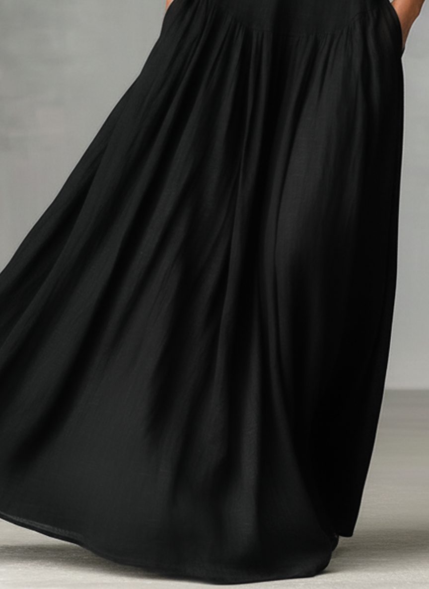 Women's Black Linen-Look Maxi Dress with Collar and V-Neck - Maisie London
