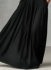 Women's Black Linen-Look Maxi Dress with Collar and V-Neck - Maisie London