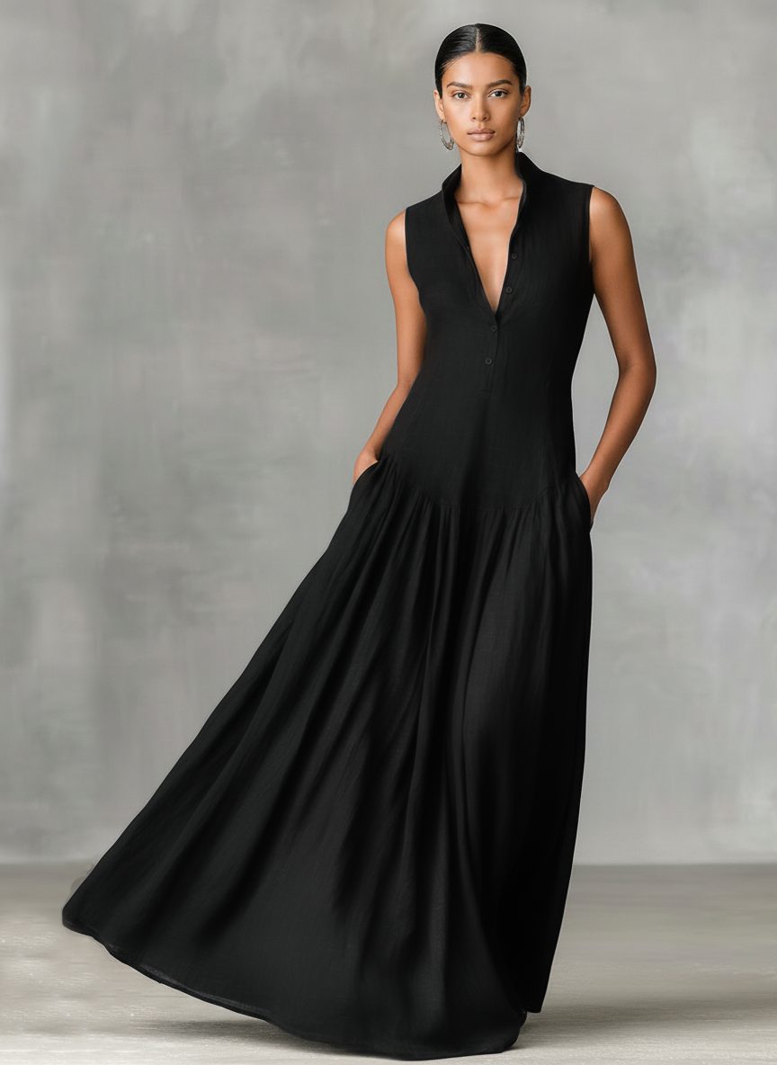 Women's Black Linen-Look Maxi Dress with Collar and V-Neck - Maisie London