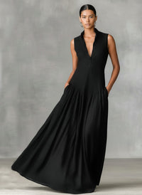 Women's Black Linen-Look Maxi Dress with Collar and V-Neck - Maisie London