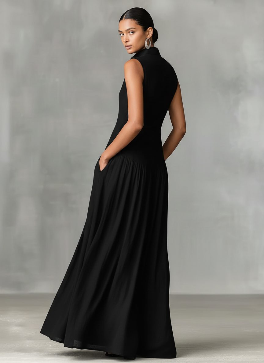 Women's Black Linen-Look Maxi Dress with Collar and V-Neck - Maisie London