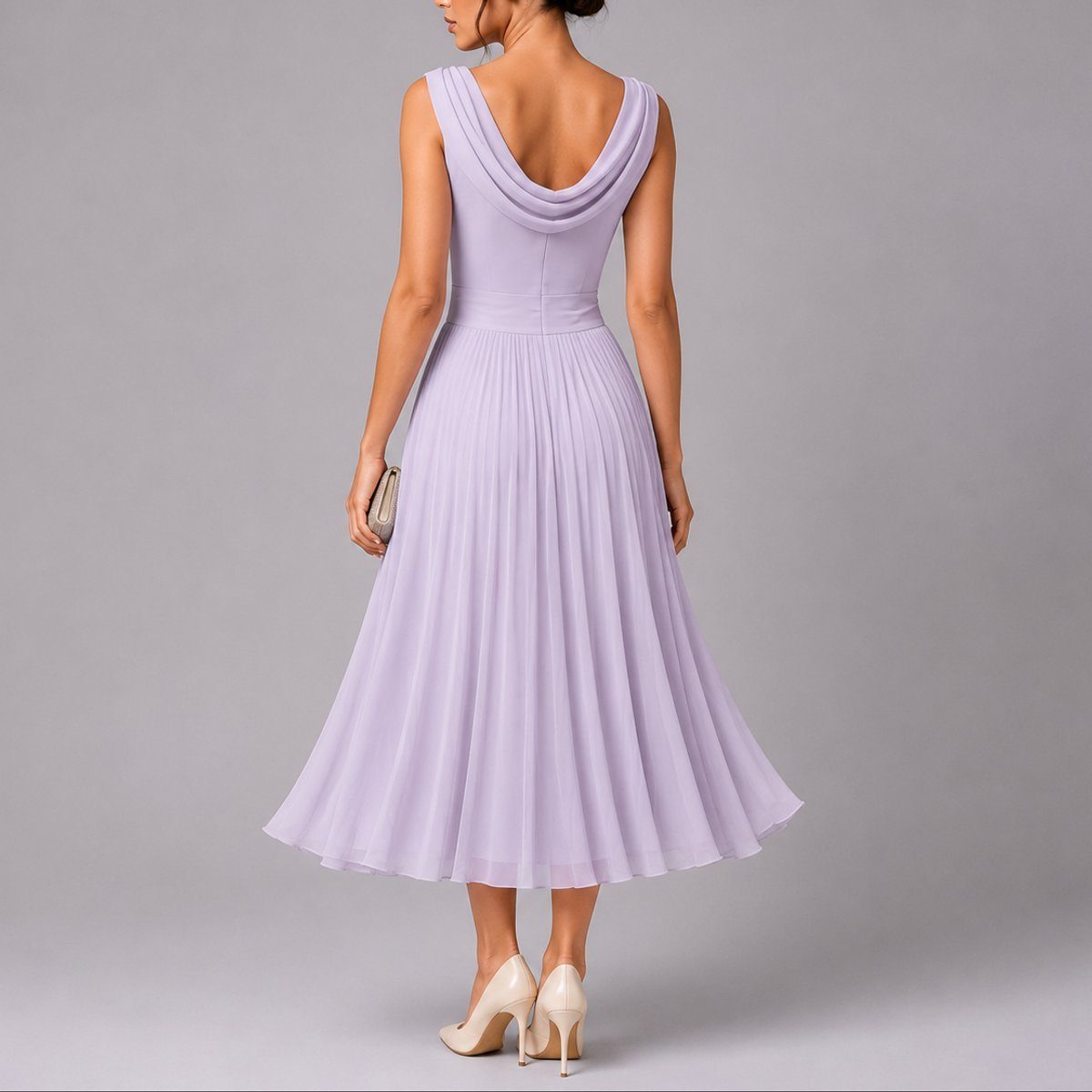 Women's Chiffon Pleated Midi Dress with Cowl Back and Ruched Waist - Maisie London