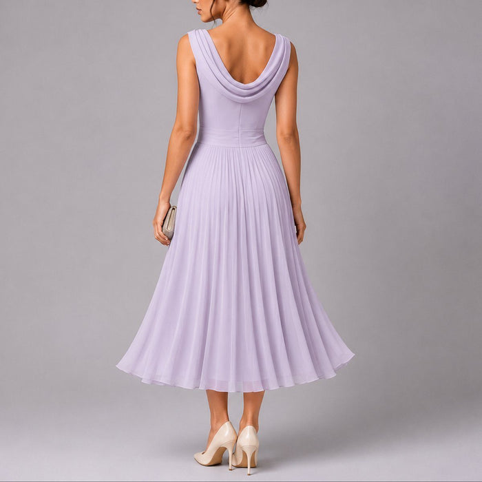 Women's Chiffon Pleated Midi Dress with Cowl Back and Ruched Waist - Maisie London