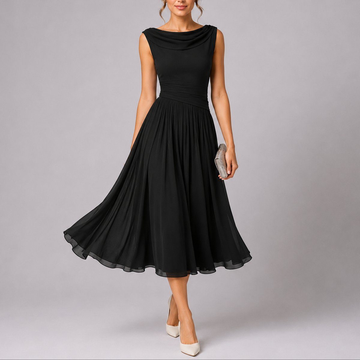 Women's Chiffon Pleated Midi Dress with Cowl Back and Ruched Waist - Maisie London