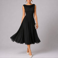 Women's Chiffon Pleated Midi Dress with Cowl Back and Ruched Waist - Maisie London