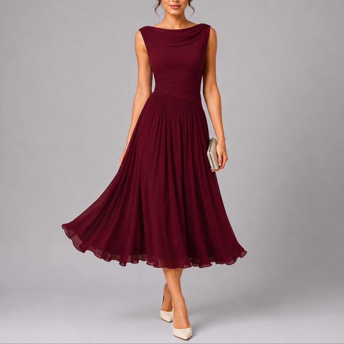 Women's Chiffon Pleated Midi Dress with Cowl Back and Ruched Waist - Maisie London