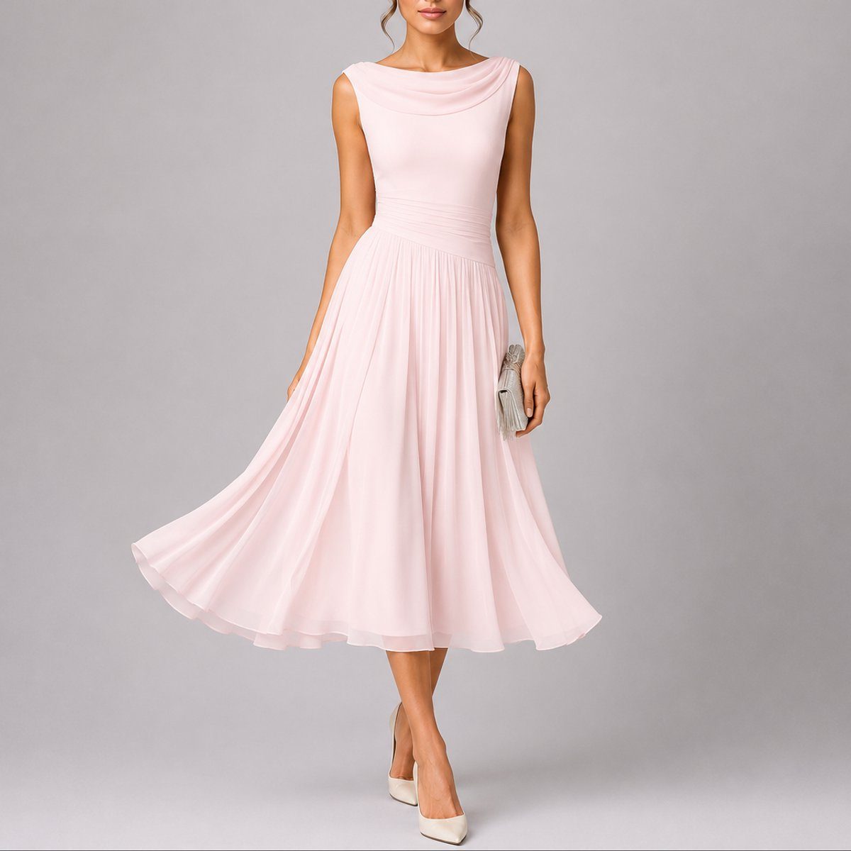 Women's Chiffon Pleated Midi Dress with Cowl Back and Ruched Waist - Maisie London