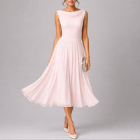 Women's Chiffon Pleated Midi Dress with Cowl Back and Ruched Waist - Maisie London
