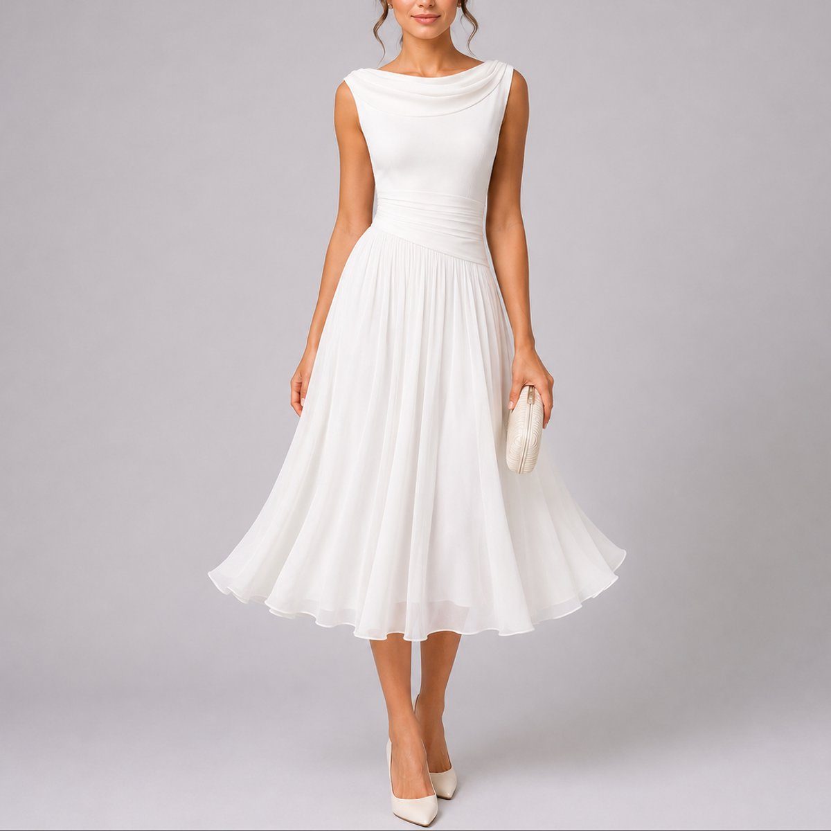 Women's Chiffon Pleated Midi Dress with Cowl Back and Ruched Waist - Maisie London