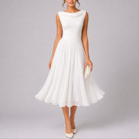 Women's Chiffon Pleated Midi Dress with Cowl Back and Ruched Waist - Maisie London