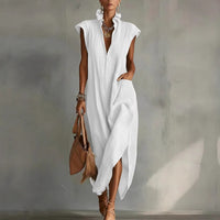 Women's Linen-Look Maxi Dress with Ruffle Collar and Asymmetric Hem - Maisie London