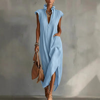 Women's Linen-Look Maxi Dress with Ruffle Collar and Asymmetric Hem - Maisie London