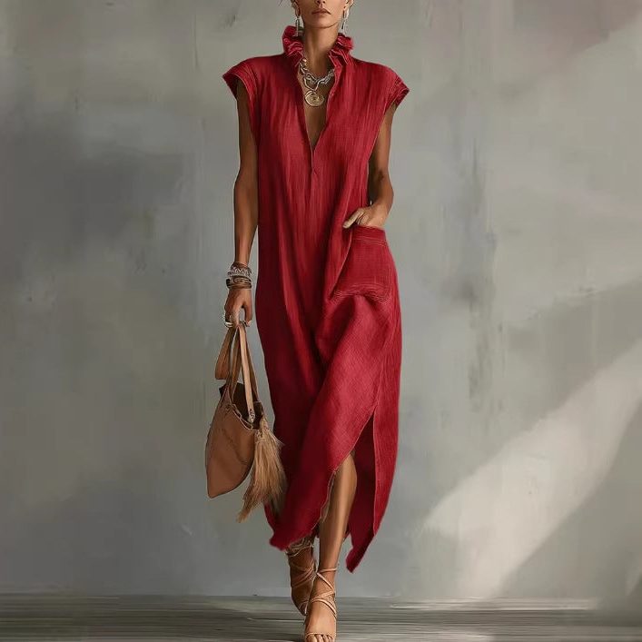 Women's Linen-Look Maxi Dress with Ruffle Collar and Asymmetric Hem - Maisie London