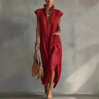 Women's Linen-Look Maxi Dress with Ruffle Collar and Asymmetric Hem - Maisie London