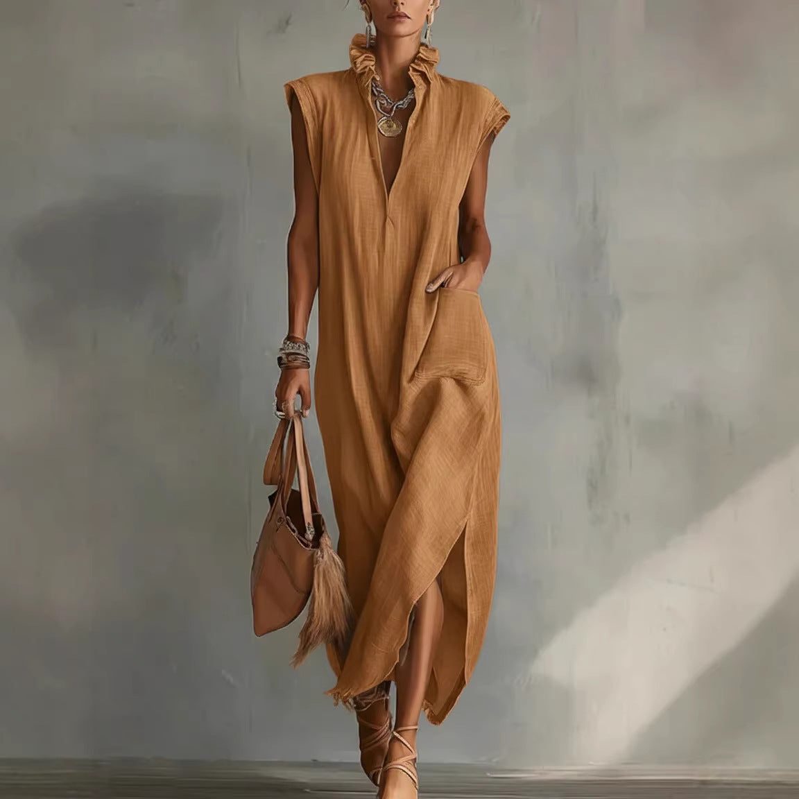 Women's Linen-Look Maxi Dress with Ruffle Collar and Asymmetric Hem - Maisie London