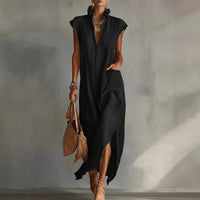 Women's Linen-Look Maxi Dress with Ruffle Collar and Asymmetric Hem - Maisie London