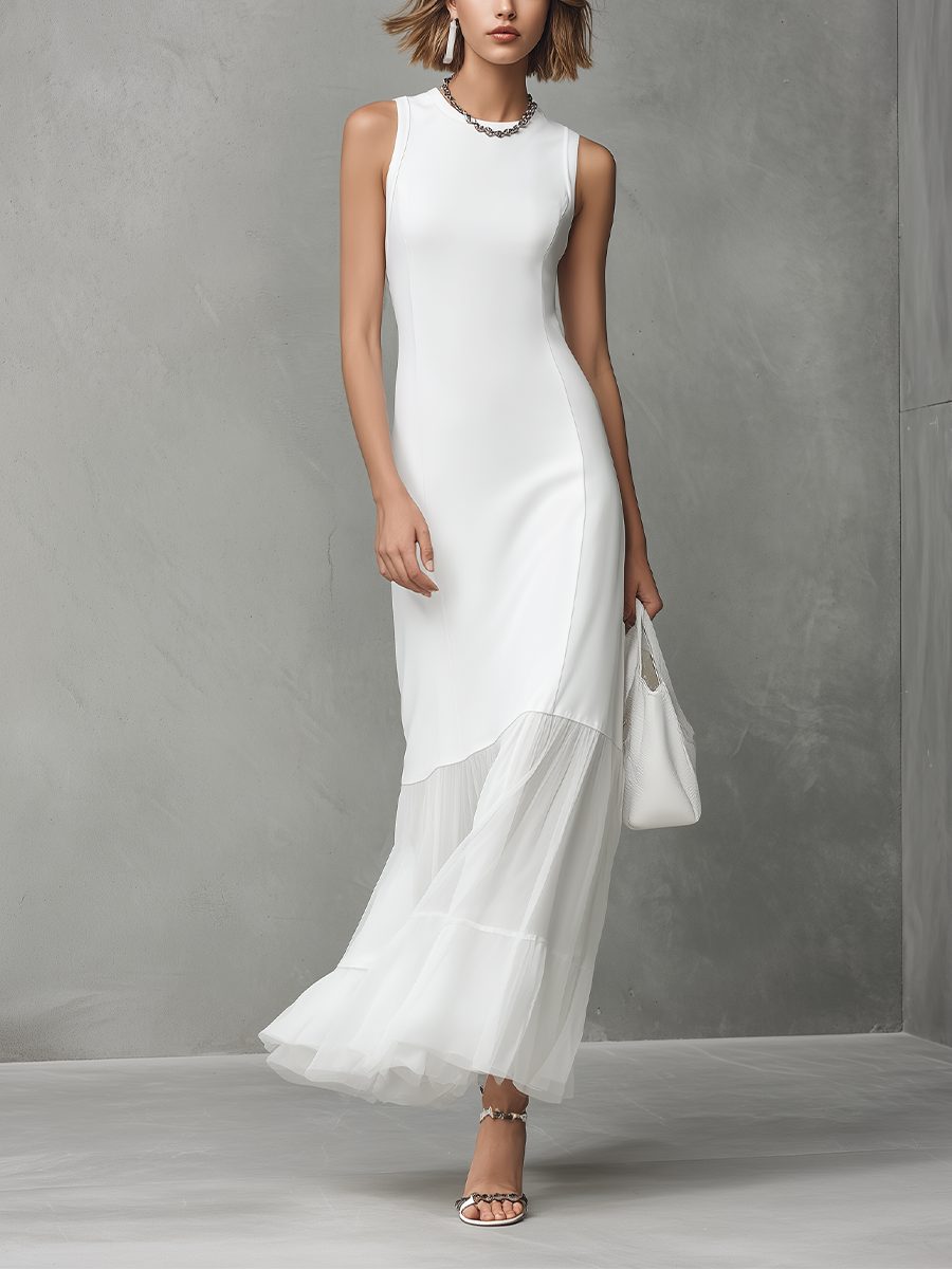 Women's White Maxi Dress with Sheer Tiered Hem and High Neck - Maisie London